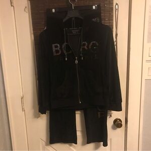 BCBG Black Velour Track Set, Jacket L Pants M